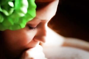 Spectacular redhead white beauty with flower in her hair blows jock