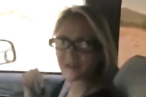 Charming blond in glasses sucks my hard weenie and gets facial