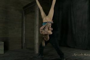 Tattooed perspired slut is hung upside down and teased with dildo