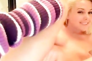 Happy blonde sweetheart in stockings flashed her fuck holes for me on web