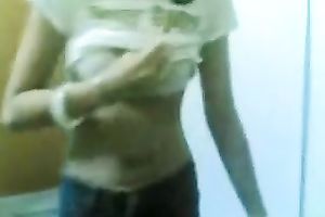 Sexy small tittied Asian housewife stripping teasing in front of me