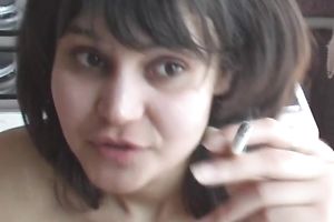 Cute and breasty brunette hair legal age teenager in the kitchen feeds on a 10-Pounder