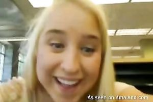 Hilarious buxom blondie flashes her boobies and masturbates in cafe