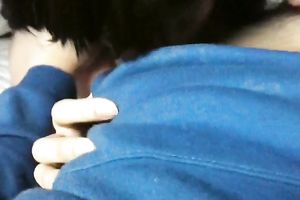 Torrid brunette hair sucks her boyfriend's tiny knob on her knees