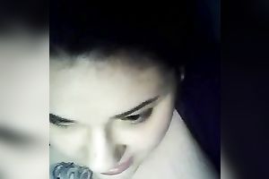 Chubby dark brown legal age teenager cutie sucks a sex tool and shows cleavage