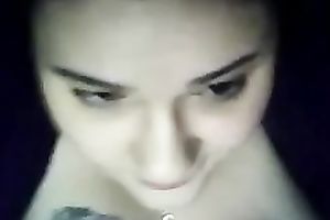 Chubby dark brown legal age teenager cutie sucks a sex tool and shows cleavage