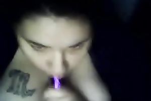 Chubby dark brown legal age teenager cutie sucks a sex tool and shows cleavage