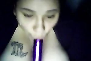 Chubby dark brown legal age teenager cutie sucks a sex tool and shows cleavage