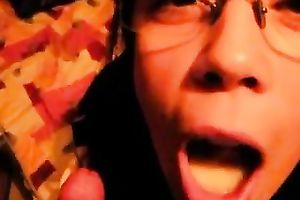 Cute black haired nerdy nympho jacks off and sucks buddy's prick