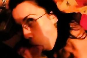 Cute black haired nerdy nympho jacks off and sucks buddy's prick