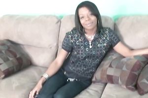 Kinky swarthy chick exposes her constricted love muffins during casting on sofa