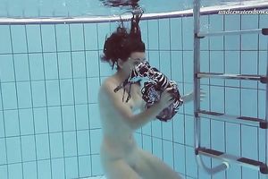 Beautiful brunette hair white white wife beneath water in the pool