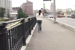 Just an amateur dark brown playgirl in jeans peeing in her panties in public