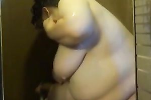 My short-haired brunette hair big beautiful woman girl takes a shower on livecam