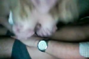 My blond bride sucks my weenie and rubs it with her large natural scoops