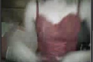 Lustful web camera sweetheart in red negligee pets her chunky hairless love tunnel