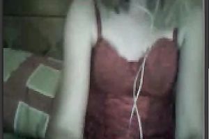 Lustful web camera sweetheart in red negligee pets her chunky hairless love tunnel