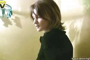 Lewd non-professional brunette hair nympho pisses and washes her silky body