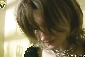 Lewd non-professional brunette hair nympho pisses and washes her silky body