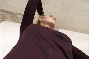 Dirty minded golden-haired floozy disrobes outdoors and gives tugjob
