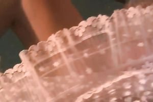 Sensational and juvenile dark brown chick in white dress undrewater