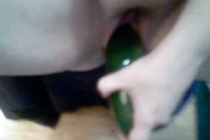 Using a big cucumber perverted pallid slutwife was teasing her own twat