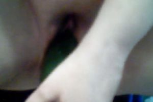 Using a big cucumber perverted pallid slutwife was teasing her own twat