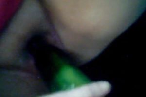 Using a big cucumber perverted pallid slutwife was teasing her own twat