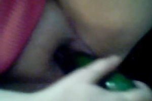 Using a big cucumber perverted pallid slutwife was teasing her own twat