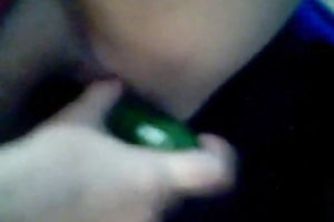 Using a big cucumber perverted pallid slutwife was teasing her own twat
