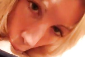 Lovely golden-haired gal engulfing my weenie balls unfathomable in POV
