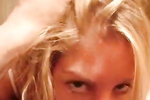 Lovely golden-haired gal engulfing my weenie balls unfathomable in POV