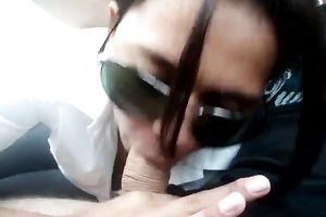 Dark haired hooker in sunglasses sucked my buddy's ramrod properly