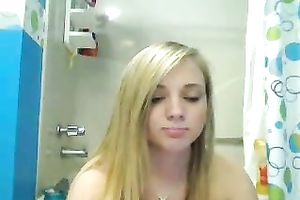 Pretty curvy golden-haired cam legal age teenager takes shower flaunting her large booty