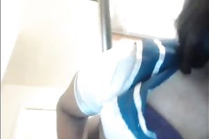 Amateur nerdy brunette hair flashed her natural bazookas and soaked bum during solo