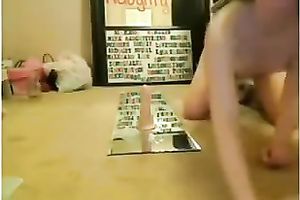 Cute not quite titless pale blond haired dirty slut wife was riding fake penis on top