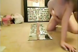 Cute not quite titless pale blond haired dirty slut wife was riding fake penis on top