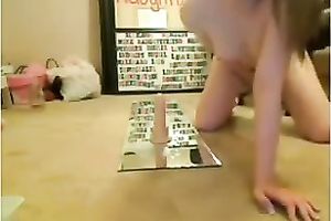 Cute not quite titless pale blond haired dirty slut wife was riding fake penis on top