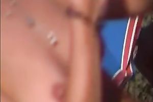 Beautiful brunette hair horny white wife on the beach showing her merry breasts