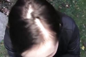 Slutty brunette hair blows my cock outdoor and then I fuck her from behind