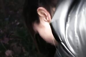 Slutty brunette hair blows my cock outdoor and then I fuck her from behind