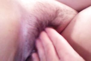 Fondling my chubby girlfriend's bushy muff with my soaked fingers