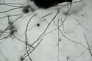 My masked golden-haired GF sucks my shaft in POV episode in a winter forest