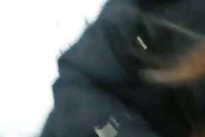 My masked golden-haired GF sucks my shaft in POV episode in a winter forest