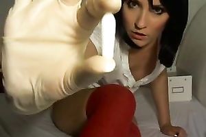 Kinky wench in college uniform masturbating passionately