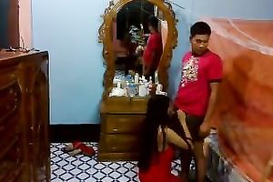 Sexy lengthy haired dark brown in red stuff sucks rock hard wang of her BF