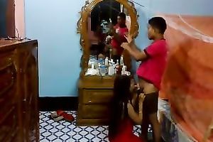 Sexy lengthy haired dark brown in red stuff sucks rock hard wang of her BF