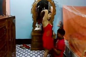 Sexy lengthy haired dark brown in red stuff sucks rock hard wang of her BF