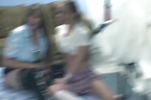 Two golden-haired doxies show their fellatio and cook jerking skills to a guy