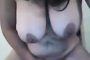 Perverted non-professional bulky dark head played with her massive titties